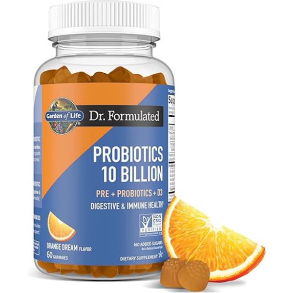 Dr. Formulated 10 Billion three in one Probiotic Gummies provide you with whole food Prebiotics, Clinically Studied Probiotics and vitamin D3 for digestive and immune support. One serving delivers 10 Billion CFU, 4 Clinically Studied Soil-Based Probiotic Strains and 800 IU of vitamin D3. not only provide you with prebiotics, probiotics and D3 but they also contain less than one gram of sugar per serving Third-Party Certified Non-GMO, NSF Gluten Free and Kosher