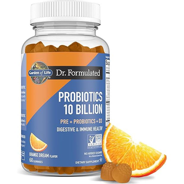 Dr. Formulated 10 Billion three in one Probiotic Gummies provide you with whole food Prebiotics, Clinically Studied Probiotics and vitamin D3 for digestive and immune support. One serving delivers 10 Billion CFU, 4 Clinically Studied Soil-Based Probiotic Strains and 800 IU of vitamin D3. not only provide you with prebiotics, probiotics and D3 but they also contain less than one gram of sugar per serving Third-Party Certified Non-GMO, NSF Gluten Free and Kosher